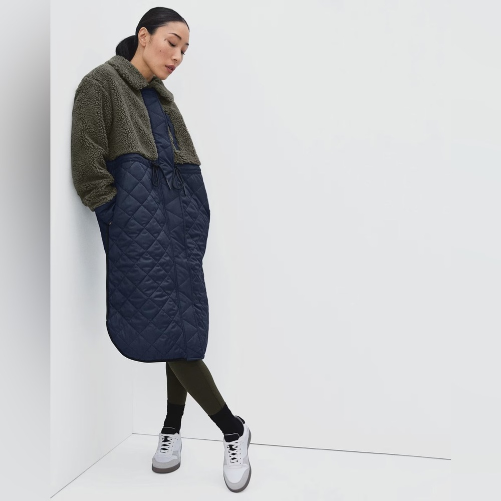 Everlane Quilted Teddy Coat Navy Kalamata Green Medium